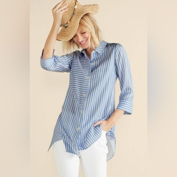 Soft Surroundings 1X On Pointe Palace Blue White Striped Button Details Tunic - Picture 5 of 16